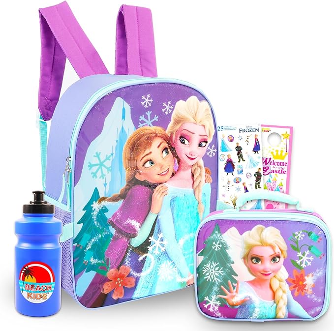 Disney Frozen Backpack and Lunch Bag Set - Bundle with 16” Elsa & Anna School Bag, Lunch Box, Water Bottle, Stickers, More | Frozen Backpack and Lunchbox