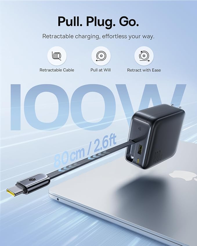 Baseus Enercore 100W USB C Charger with Retractable Built-in Cable, 3-Port Foldable Plug PD Fast Charging Wall Adapter for MacBook Pro/Air, iPad, iPhone 17, Galaxy S25, Pixel, Steam Deck, ROG Ally
