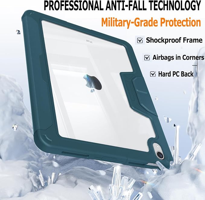 Military Grade Case for iPad (A16) 11 2025 10th Gen 10.9 2022 Black | Pencil Holder Auto Sleep/Wake Multi Angle Magnetic Stand Hard Clear Acrylic Back Shockproof Protective Cover