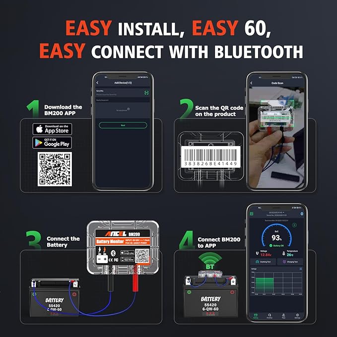 ANCEL BM200-US Car Battery Tester 12V Automotive Battery Monitor Bluetooth Auto Battery Load Tester with Cranking Charging Test Alarm Record Voltage History Voltmeter for Car/RV/Motorcycle/Truck/Boat