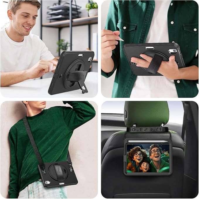 SEYMAC Case for iPad mini 7 (A17 Pro) 2024/ Mini 6 8.3 Inch Shockproof Protective Case with Screen Protector Stand Hand/Shoulder Strap and Pencil Holder for iPad mini 7th/6th Generation Black | Sh