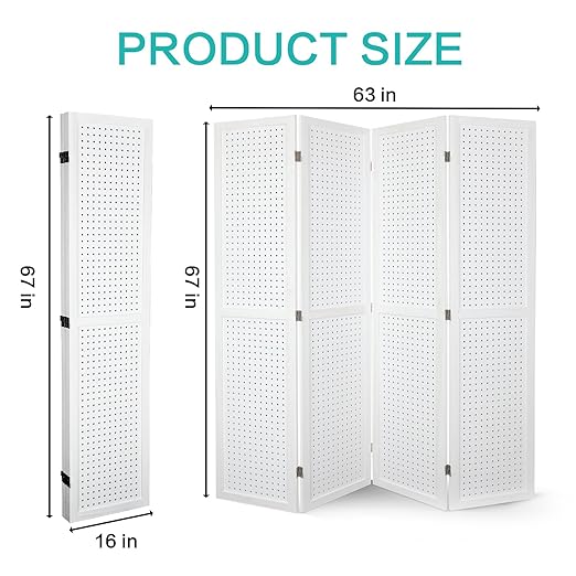 Babion 4 Panel Pegboard Display, Peg Board Room Divider Freestanding Folding Privacy Screens Pegboard Display Stand for Craft Shows (White)