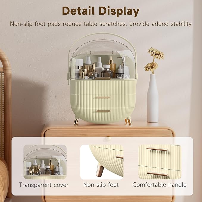 Makeup Organizers, Make Up Organizers for Vanity, Countertop Cosmetic Storage with Drawers and Transparent Cover for Bedroom Bathroom (Maize-yellow)
