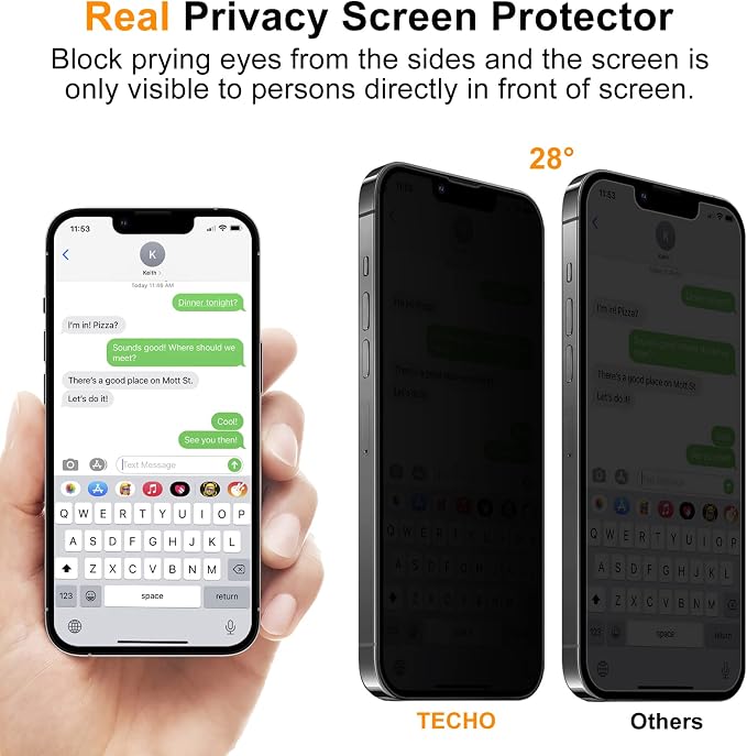 TECHO Privacy Screen Protector Compatible with iPhone 16e / iPhone 14 / iPhone 13 / iPhone 13 Pro Tempered Glass Film (Edge to Edge Full Coverage) (Anti Spy) (Case Friendly) (2 PACK) (6.1 inch)