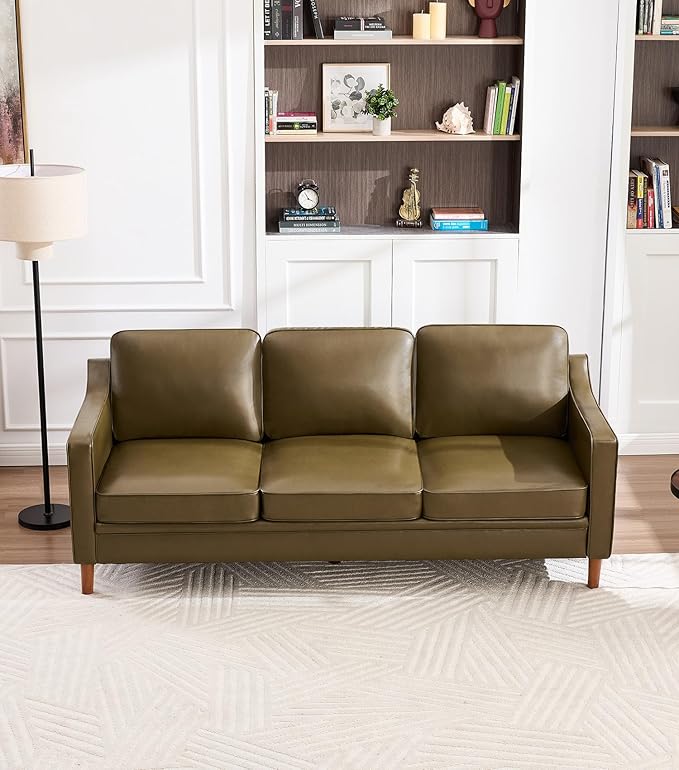 Kingfun 80" Faux Leather Sofa, 3 Seater Couch, Mid Century Modern Couch with Solid Wood Frame for Living Room & Bedroom, Olive Green
