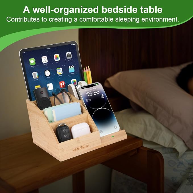 Bamboo Pen Holder for Desk &amp Nightstand Organizer with Fast Wireless Charging for iPhone Samsung &amp More – Office Desk Accessories for Men/Women (Bamboo)