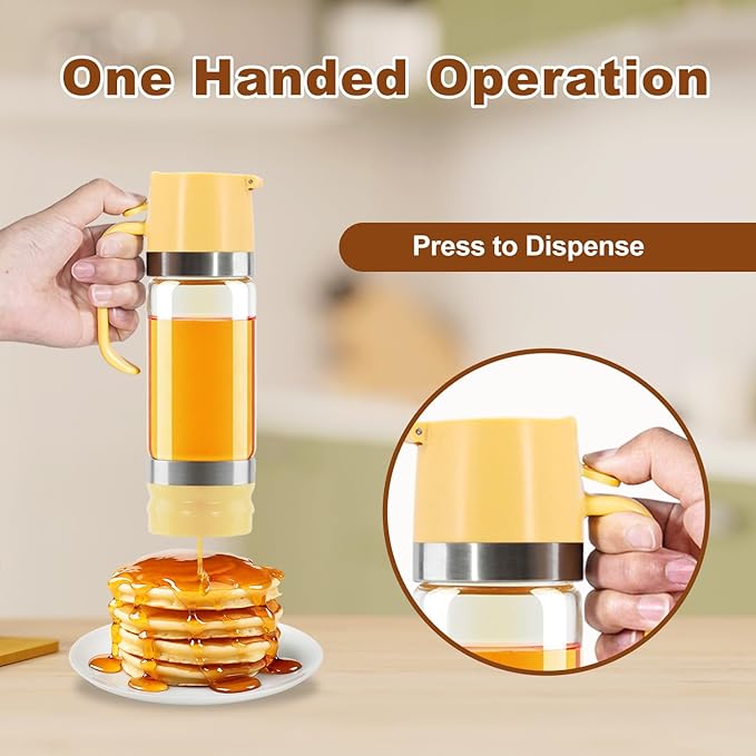 Glass Honey Dispenser No-Drip with Handle – 12 oz Maple Syrup Jar Dispenser for Coffee, Pancakes & Waffles – Elegant Glass Syrup Container for Easy Pouring – Honey Jar for Kitchen & Breakfast Table