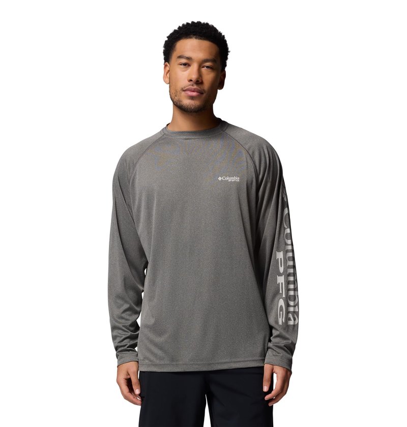 Columbia Men's PFG Terminal Tackle Long Sleeve Fishing Shirt, Charcoal Heather/Cool Grey Logo, 5X