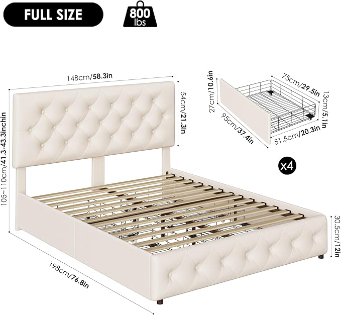 Keyluv Modern Upholstered Bed Frame with 4 Drawers, Button Tufted Headboard Design, Solid Wooden Slat Support, Easy Assembly, Fabric, Beige, Full Size