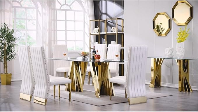 AUZ White Leather Dining Chairs Set of 6, Luxury White and Gold Upholstered Dining Room Chairs with Nailhead Trim, Modern Dining Chair with Polished Gold Metal Legs