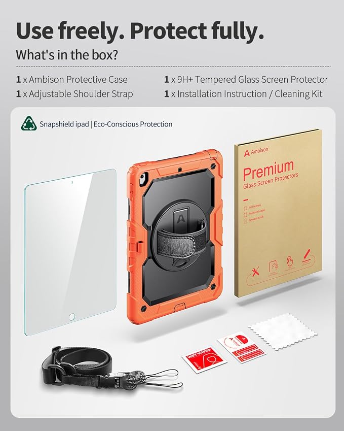Ambison Case for iPad (A16) 11th/10th Generation 11''/10.9'' Black | Hand Strap 9H Tempered Glass Screen Protector Rotating Stand Shoulder Strap Heavy Duty Shockproof Pencil Holder