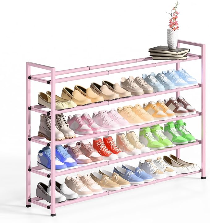 Bumusty 5-Tier Long Expandable Shoe Rack for Closet, 18"-44" Adjustable Shoe Rack for Entryway, 25-30 Pairs Large Shoe Organizer Shelf Storage, Sturdy Metal, Pink