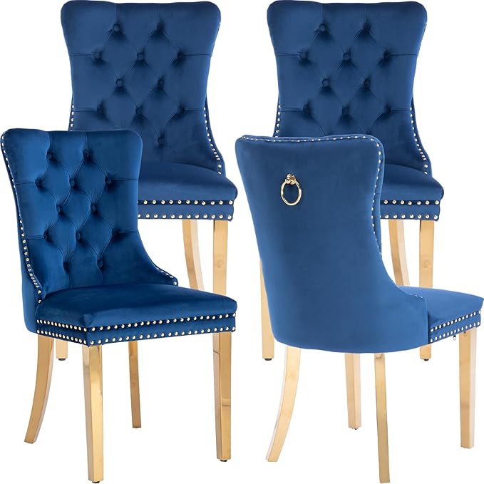 Luxury Upholstered Dining Chairs Set of 4, Blue Kitchen Chair with Golden Metal Legs, Velvet Tufted Back Dining Chair, Sillas de Comedor, Modern Kitchen & Dining Room Chairs (Blue, 4 Pcs)