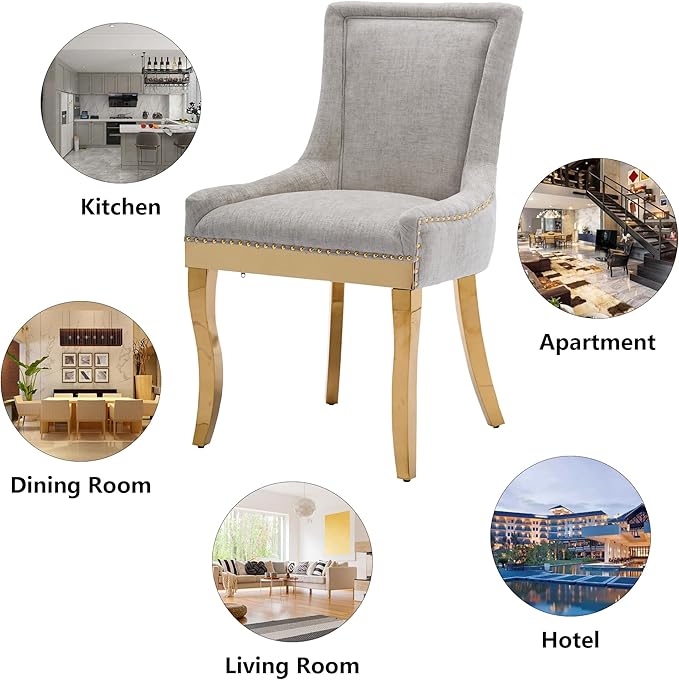 Luxury Fabirc Upholstered Dining Chairs Set of 4,Neutral Chenille Kitchen Room Chair with Nailhead Trim,4 Piece Modern Side Chairs for Dining Room,Living Room,Bar (Beige-Gold, Set of 4)