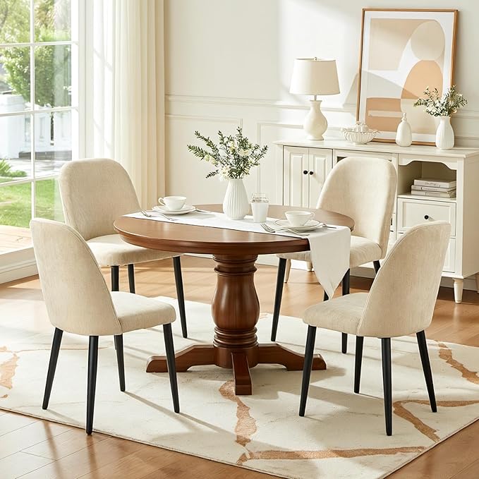 Upholstered Dining Chairs Set of 4, Mid Century Modern Fabric Dining Room Chair High-Back Padded Kitchen Chairs with Padded Seat and Metal Legs for Kitchen Dining Room Restaurant Cafe, Beige