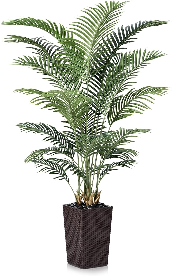 6FT Artificial Palm Tree - Tall Fake Tree with Brown Taper Planter & Pebbles, UV Resistant for Indoor & Outdoor Decor - Large Potted Faux Plant for Living Room, Office, Home Decor,VN130