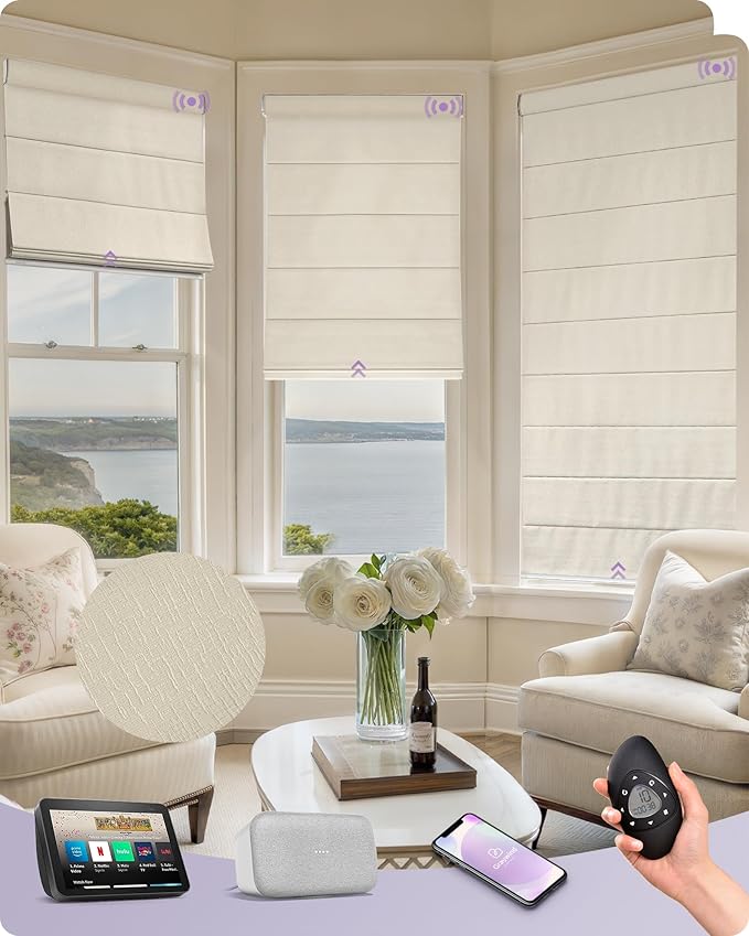Graywind Smart Roman Shades 60% Blackout Compatible with Alexa Google Rechargeable Motorized Blinds Remote Plain Fold, Custom Size (Light Filtering Matelasse Offwhite)