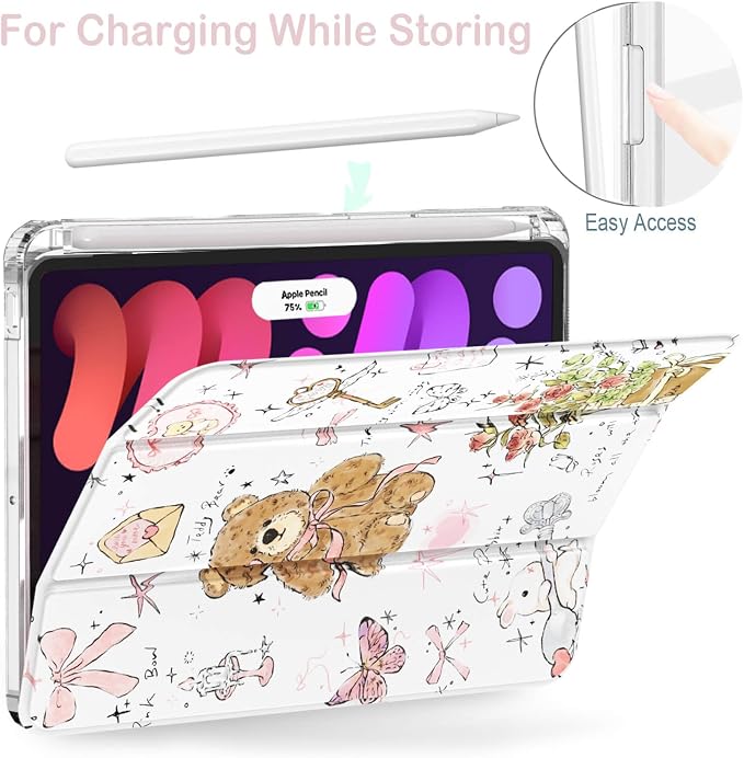 Feams Case for iPad mini 7 A17 Pro 2024/iPad Mini 6 2021 Slim Lightweight Trifold iPad mini 7 A17 Pro Case 8.3 Inch 2024 Clear Back Cover with Pencil Holder &amp Auto Sleep Blue Bow