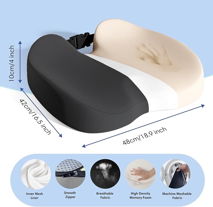 Large Memory Foam Seat Cushion for Office Chair, Car, Desk, Truck & Wheelchair - Tailbone, Coccyx & Sciatica Pain Relief Pillow - Ergonomic Back Support Portable Pad for Long Sitting & Driving