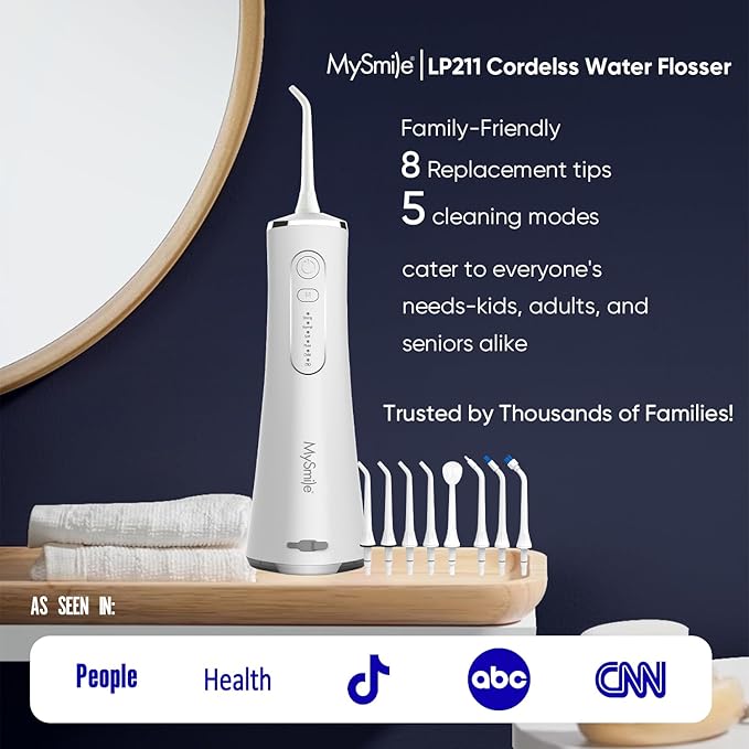 MySmile LP211 Cordless Water Flossers, Portable Rechargeable Oral Irrigator for Teeth Cleaning, 5 Cleaning Modes, IPX7 Waterproof, 8 Replacement Tips and a Storage Pouch (Pearl White)
