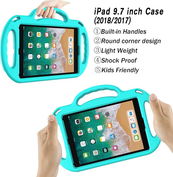 LTROP Kids Case for iPad 5th/6th Generation (2017/2018) &amp Air 2 Shoulder Strap Handle Stand Shockproof Bumper Cute Kid Case for iPad 9.7 Inch Black