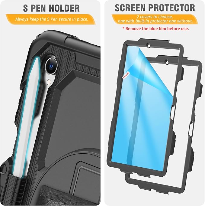 HXCASEAC Case for Samsung Galaxy Tab S10+ Plus / S9 Fe+ / S9+ 5G 12.4 inch Protective with Screen Protector/S Pen Holder/ 360 Rotating Stand Hand Strap - Black