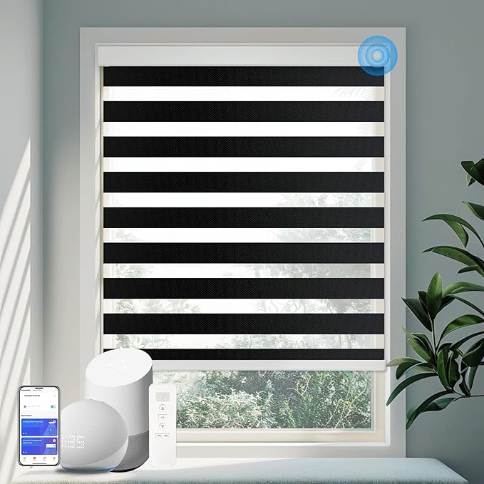 COOLWINDS Motorized Zebra Blinds for Windows Cordless Electric Curtains with Remote Control Blackout Shades Custom Smart Blinds Compatible with Alexa Google Home(Light Filtering Black,W47 X 72in)