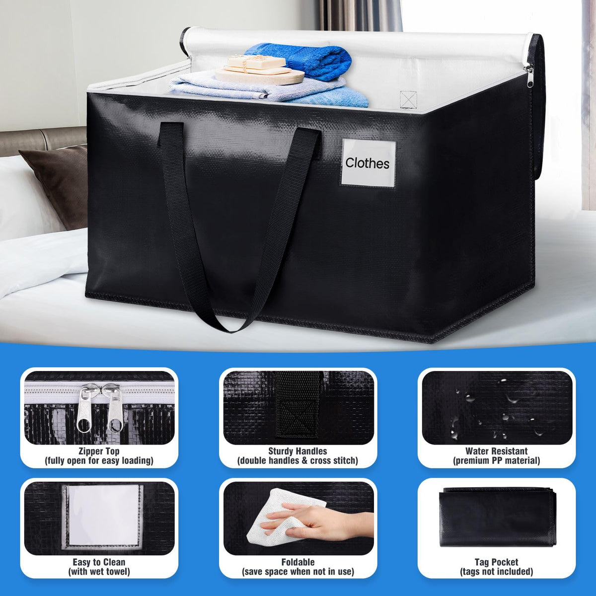 BlissTotes Moving Bags, Heavy Duty Moving Boxes with Zippers Top and Sturdy Handles, Storage Bags for Space Saving and Packing, Collapsible Moving Supplies, Storage Totes (76L, 2-Pack, Black)