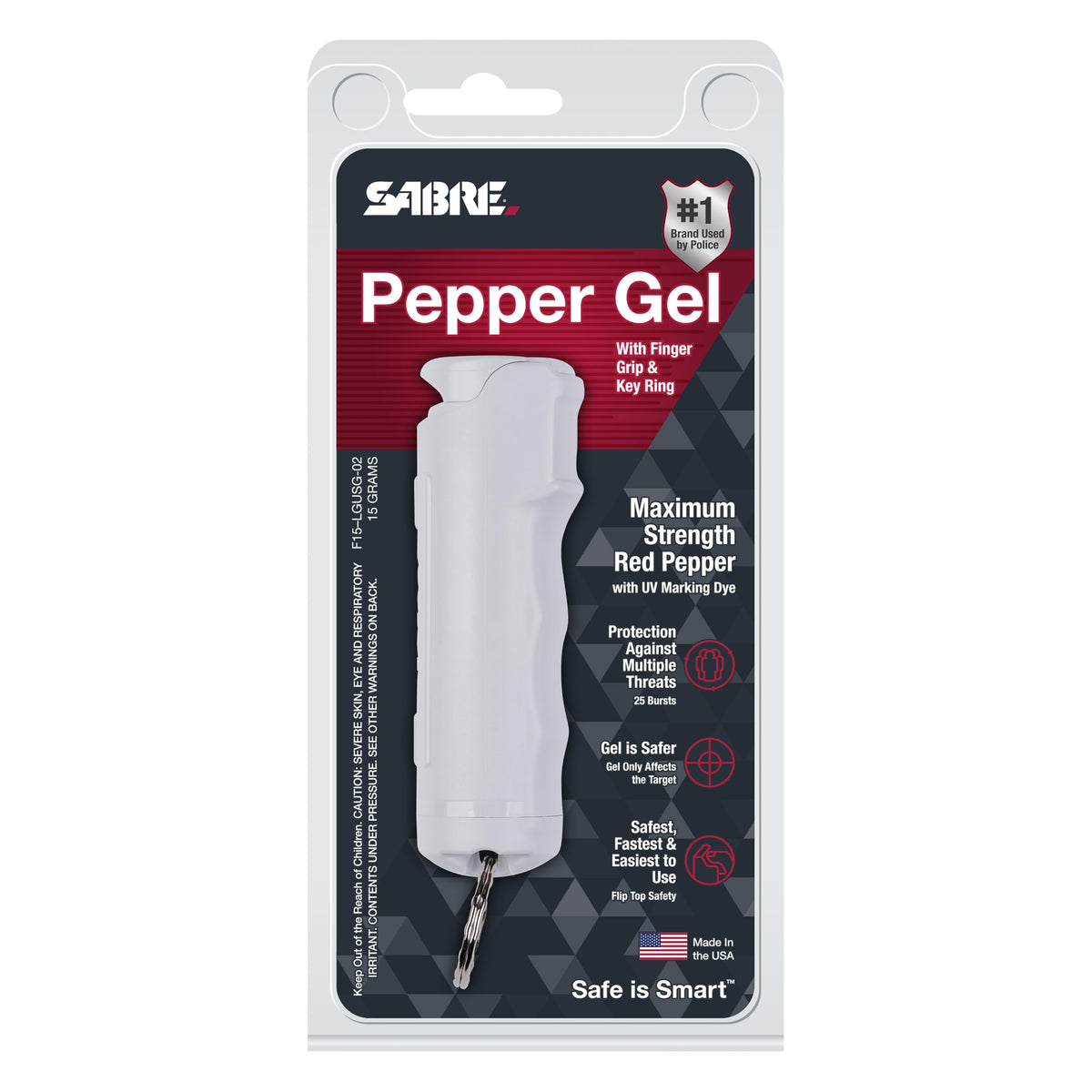 SABRE Pepper Gel with Fast Flip Top, Maximum Strength OC Spray, Snap Clip for Easy Carry and Fast Access, Finger Grip for More Accurate and Faster Aim, UV Marking Dye, 0.54 fl oz, Easy to Use Safety