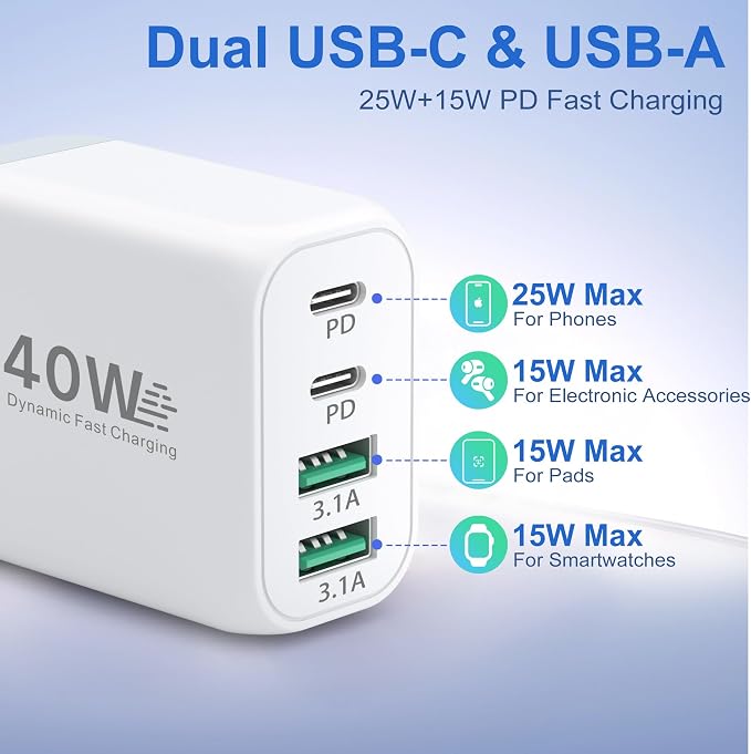 USB C Charging Blocks Costyle Multi USBC Wall Fast Charger Plug Adapter PD/PPS 25W Super Fast Type C Charging Block for Samsung S26 Ultra S25 S24 A16 A17 iPhone 17 16e 15 Pro Max+3 Pack USB-C Cable