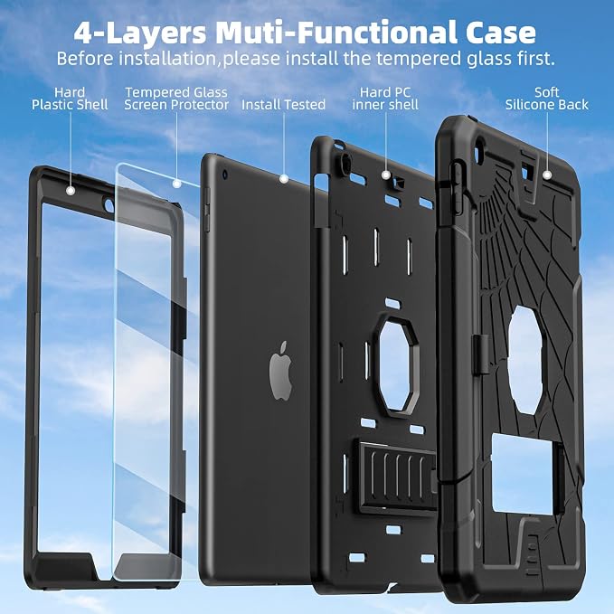 TSQQST iPad 9.7 Case 6th/5th Gen 2017 2018 for Kids Boys Girls | Tempered Glass Screen Protector Pencil Holder &amp Stand Heavy Duty Shockproof Rugged Protective Red+Blue