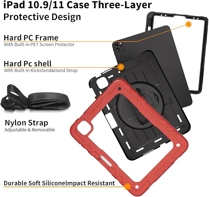 iPad Pro 11 inch Case with Rotating Stand &amp Shoulder Strap Heavy Duty Shockproof Cover with Pencil Holder for iPad Pro 11-inch 4th/3rd/2nd/1st Gen (Black)