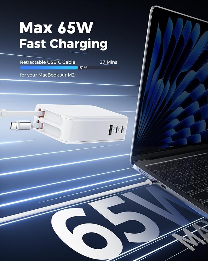 65W Retractable Wall Charger with Dual USB C Cables | 5-Port Charger Block Compact Foldable Power Adapter Fast Charging for MacBook Pro/Air Dell XPS ThinkPad ZenBook iPhone iPad