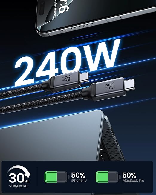 Silkland 80Gbps USB 4 for Thunderbolt 5 Cable 1FT 240W PD 3.1 Charging up to 120Gbps Bandwidth for Dual 8K Braided USB C Data Cable Compatible Thunderbolt 4/5 SSD MacBook M4 Pro iPhone17/16Dock