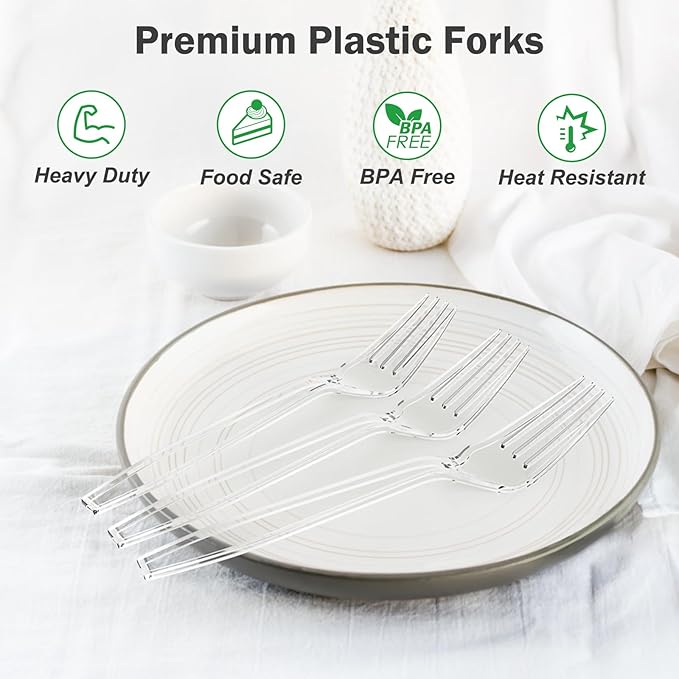 Dealusy 300 Count Extra Heavy Duty Clear Plastic Forks Disposable