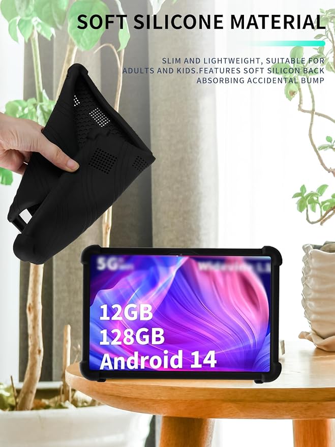 Case for YLEEBG TAB10 10 inch Android 14 TabletsWUNIAK Hollow Back DesignHeat Dissipation Shockproof Lightweight Adjustable Kickstand Silicone Shell&ampKids Friendly Soft CaseBlack