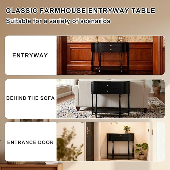 Solid Wood Panel Half Moon Table, Fitted with Leveling Legs, Black Console Table, Easy Installation, Entryway Table with Storage, Ideal for Entryways, Foyer, Corridor, Behind The Sofa