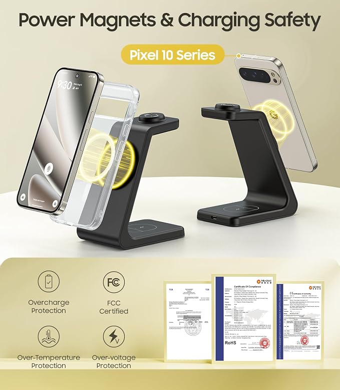 3 in 1 Magnetic Wireless Charger for Google Watch Charger Stand for Pixel Watch 3/2 Charger Stand Design for MagSafe for Pixel 10 Pro Fold/XL/10/9/8/7/6 Pro &amp Buds with Adapter(Not for Watch 4/1