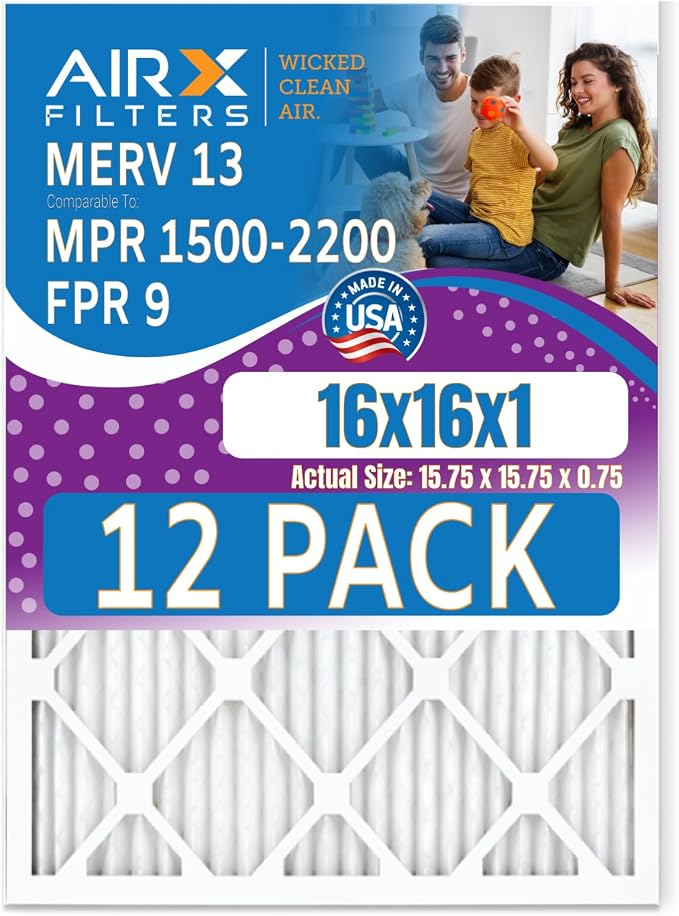 16x16x1 Air Filter MERV 13 Rating, 12 Pack of Furnace Filters Comparable to MPR