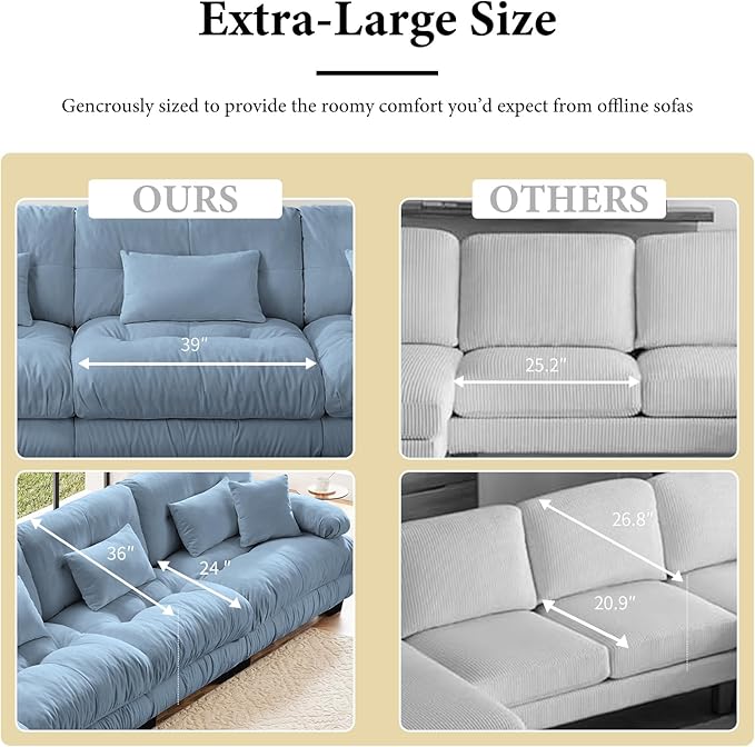 94.4" Loveseat Sofa, 2 Seater Modular Sectional Sofa, Blue Large U Shaped Sectional Couches for Living Room, Fluffy Chenille Fabric Cloud Couch with Ottoman