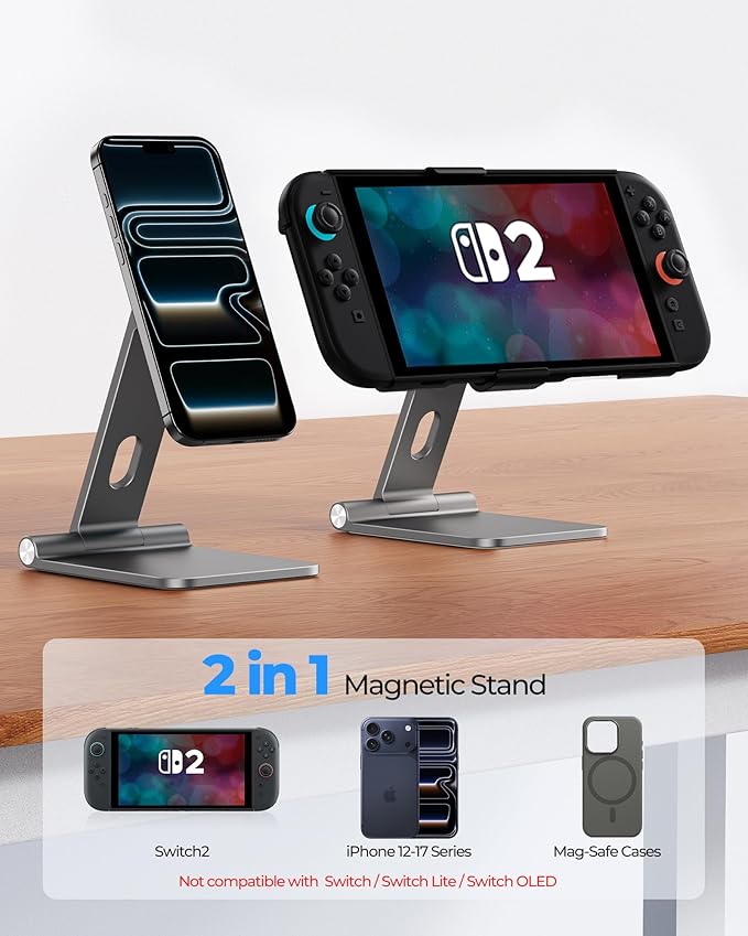 Foldable Magnetic Stand Holder for Nintendo Switch 2 iPhone | Aluminum Alloy Adjustable Design MagSafe-Compatible Portable Kickstand Mount Switch 2 Accessories for Desktop &amp Travel