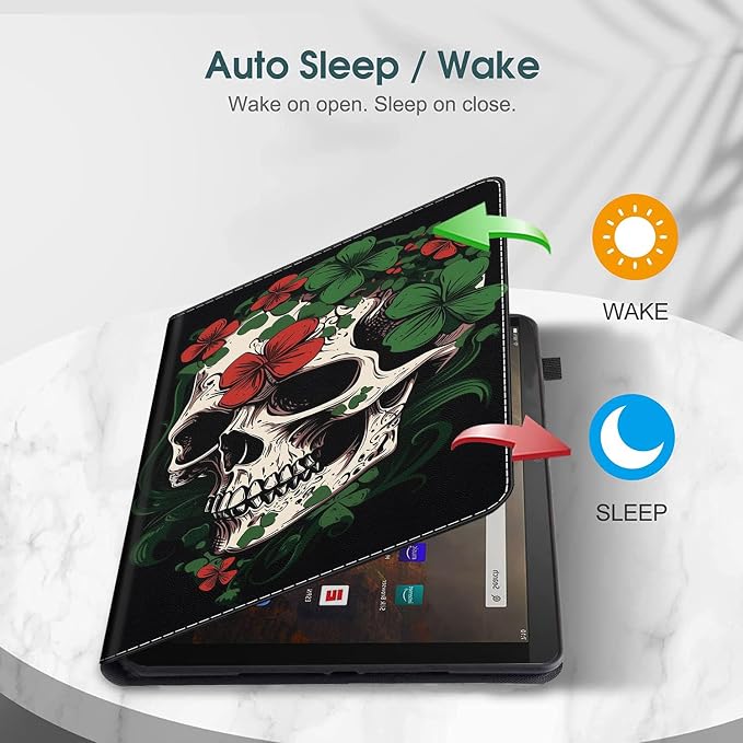 Case for All-New Amazon Fire HD 10 and 10 Plus Tablet (13th/11th Generation 2023/2021 Release) 10.1 Multi-Angle Smart Stand Cover Auto Sleep/Wake Skull and Fire