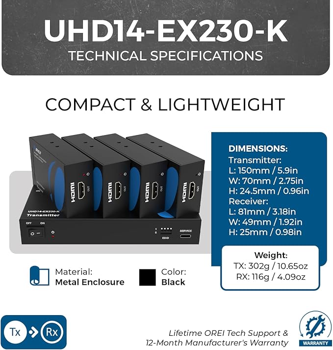 OREI 4K 1x4 HDMI Extender Splitter, Multiple Over Single Cable CAT6/7 4K@60Hz 4:4:4 HDCP 2.2 with EDID Management - Up to 230 Ft - Loop Out - Low Latency