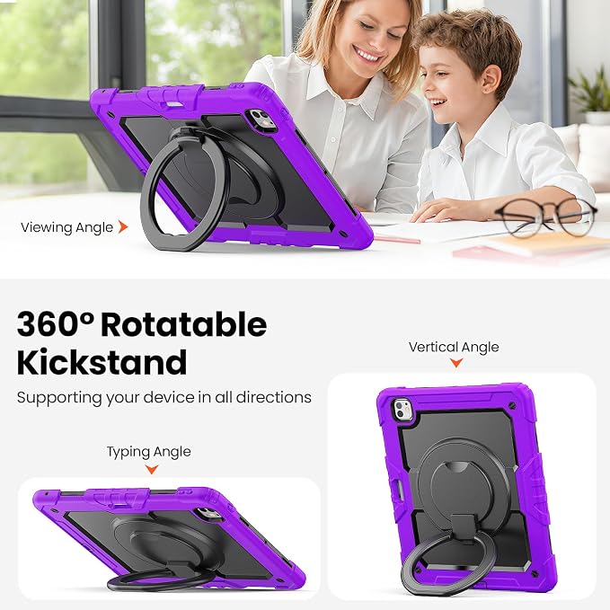 for iPad Pro 11 inch Protective Case M5 2025/M4 2024: Heavy Duty Shockproof Case with Pencil Holder - 360°Rotating Handle/Stand - Screen Protector - Shoulder Strap Black/Sky Blue