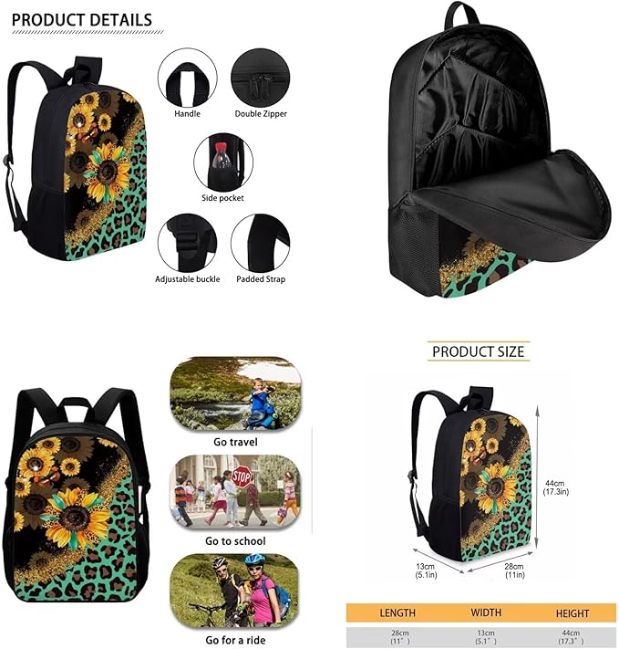 CLOHOMIN Sunflowers Backpack with Lunch Bag Leopard Print Children Book Bag Set of 3 Girls Boys Pencil Case Leakproof Lunch Box for Kids Elementary School Bags and Cooler Bags