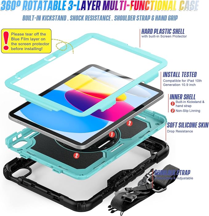 Case Compatible with iPad (A16) 11th 2025/10th Gen 2022 | Built-in Screen Protector Pen Holder Heavy Duty Shockproof Rugged Protective Case W/Handle Shoulder Strap
