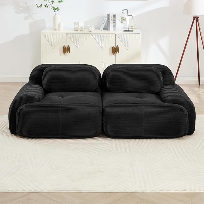 80" Modern Corduroy Boneless Love Seat Couches, 2 Seater Large Sectional Couches for Living Room, Black Cloud Modular Sectional Sofa, Memory Foam, Extra Deep Loveseat, No Assembly