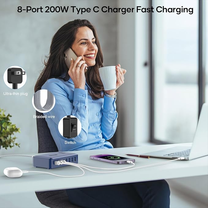 8-Port Multi Charging Stations 200W with Flat Plug Braided Power Cord and On/Off Switch- USB Charging Hub for iPhone iPad MacBook and More- 65W C Port Power Adapter for Laptops