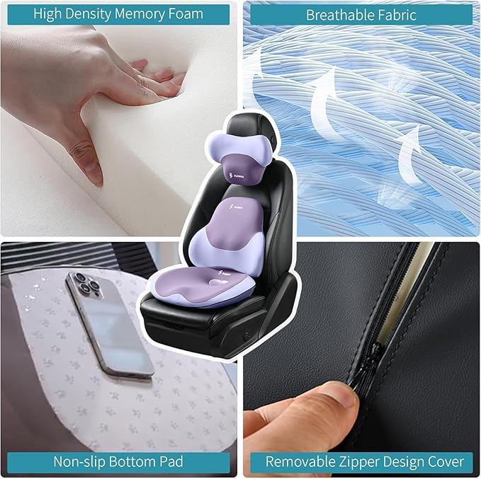 FLORICH Seat Cushion and Lumbar Support Pillow for Office Chair Car Neck Headrest Pillow 100% Memory Foam Seat Pads Pressure Relief Back Cushion and Carseat Pads(Purple)