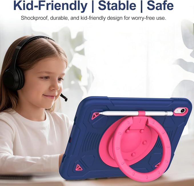 for iPad (A16) 11th Generation Case 11 Inch 2025 iPad 10th Generation case 10.9 Inch 2022 Shockproof Case with Screen Protector 360° Rotating Stand Shoulder Strap Pencil Holder Navy+Pink